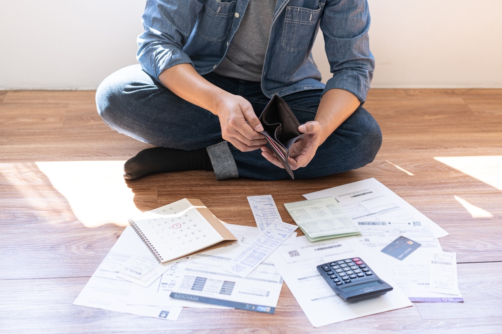 Stressed, Problem people asian woman hand holding and open an empty wallet not have money, credit card, not to payment bill, loan or expense in pay. Bankruptcy